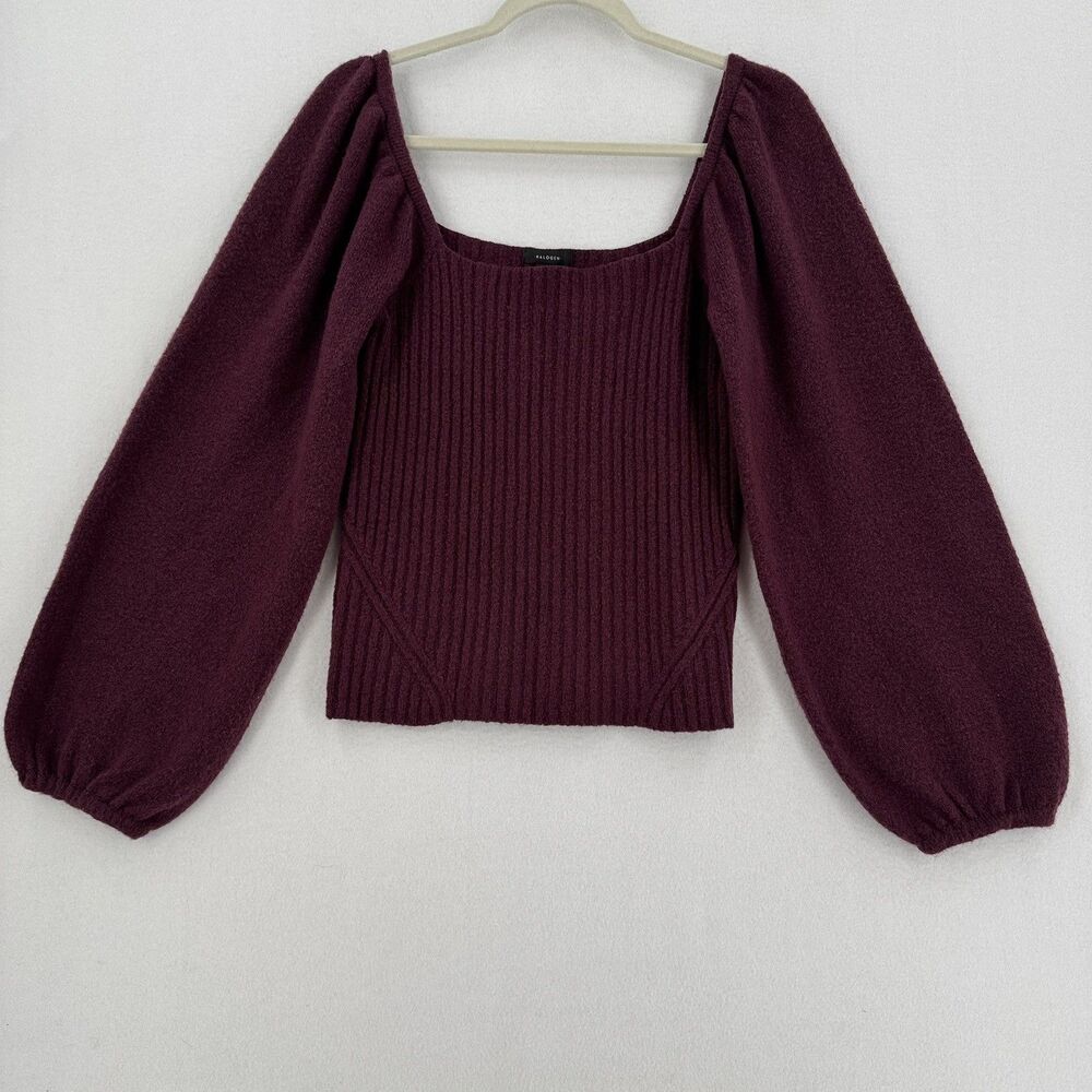 Halogen Sweater Women S Burgundy Square Neck Balloon Sleeve Wool Blend Cropped